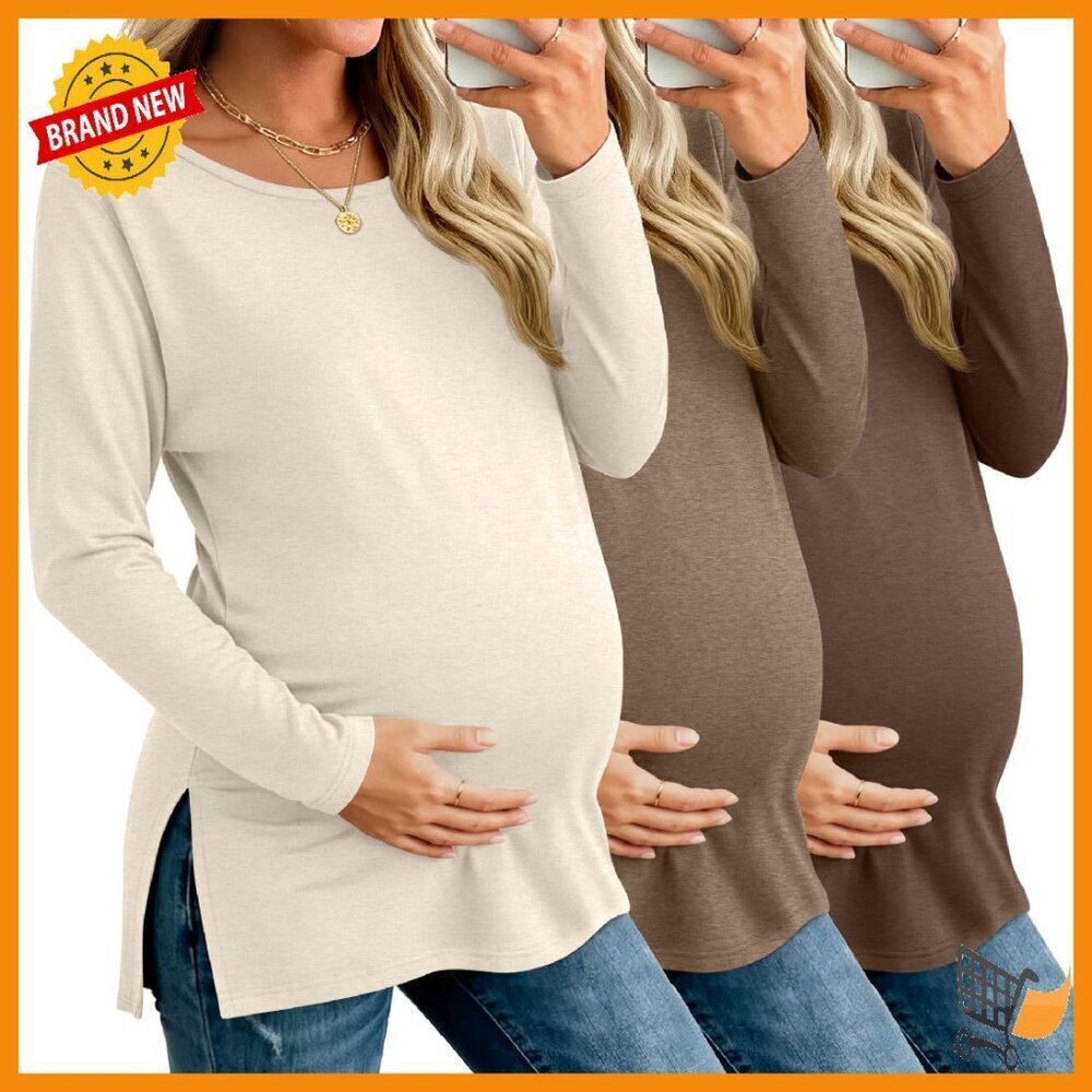 Maternity Long Sleeve T-Shirts 3 Pack Side Split Loose Fit Pregnancy Tops